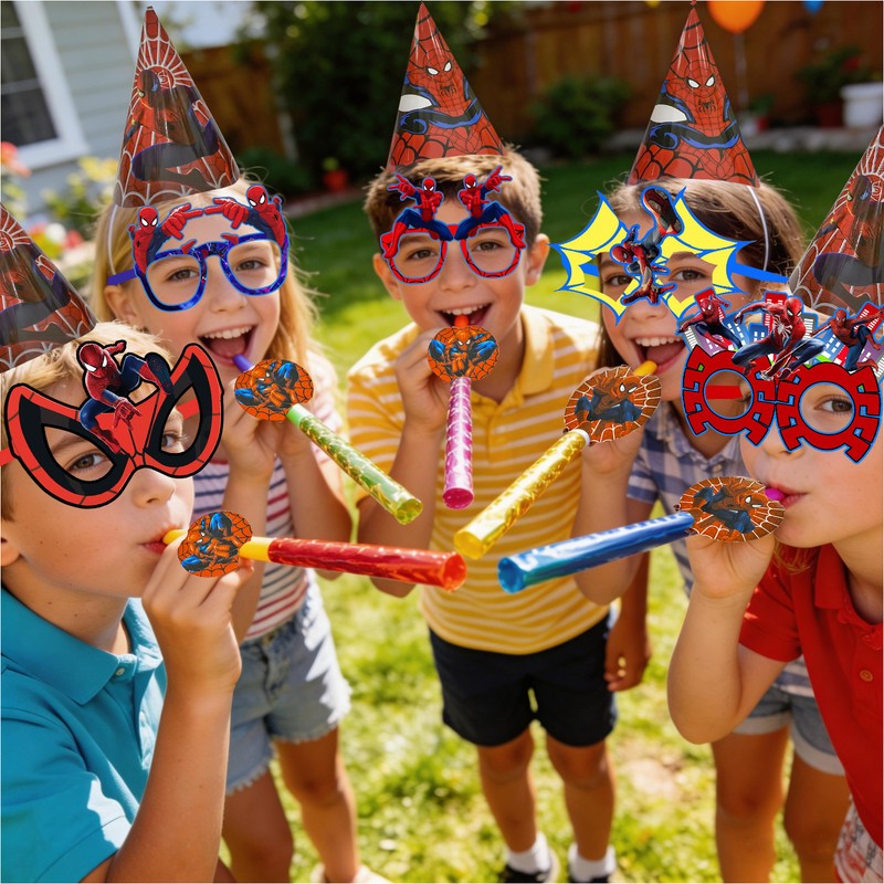 36 Pcs Spider Man Party Favors Marvel Birthday Cake Hat Blowout Photo Booth Prop