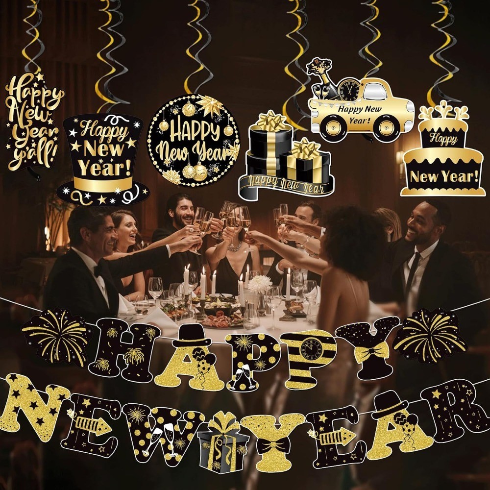 Happy New Year Banner 2026 with New Hanging Decorations Happy New Year