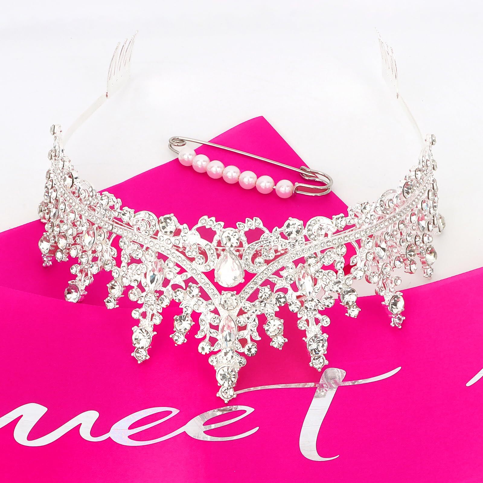 16th Birthday Sash and Tiara Set Sweet 16 Decorations Glitter Pearl Pin