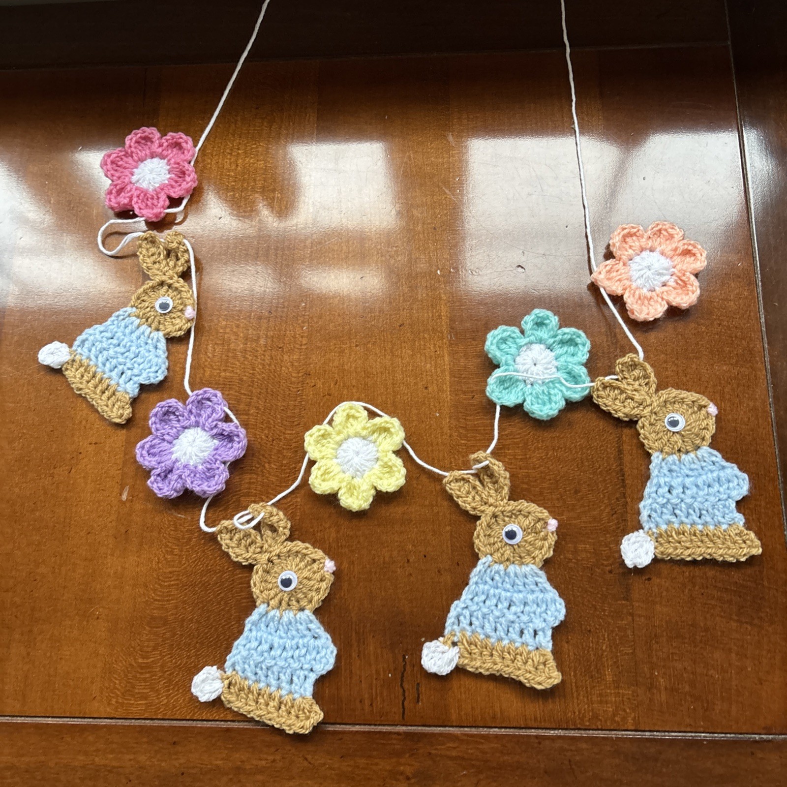 Bunny Rabbit & Flowers Garland/ Bunting Handmade Crocheted Nursery Home Decor