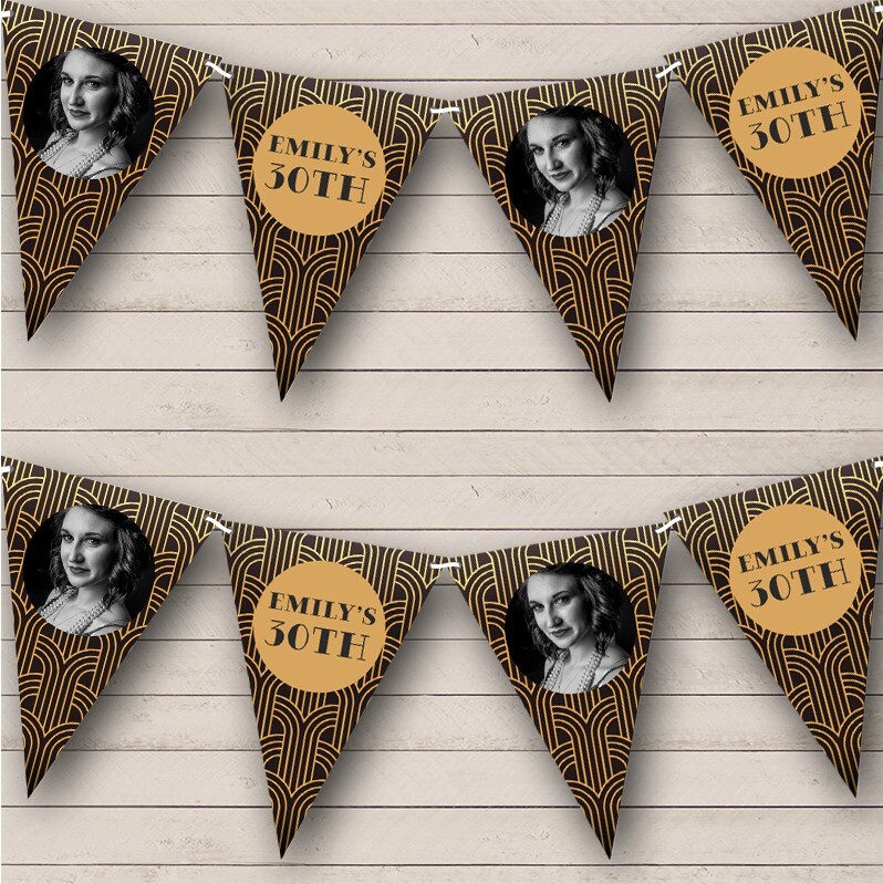 Gold Black Gatsby 20’s Art Deco Vintage Birthday Photo Personalised Bunting