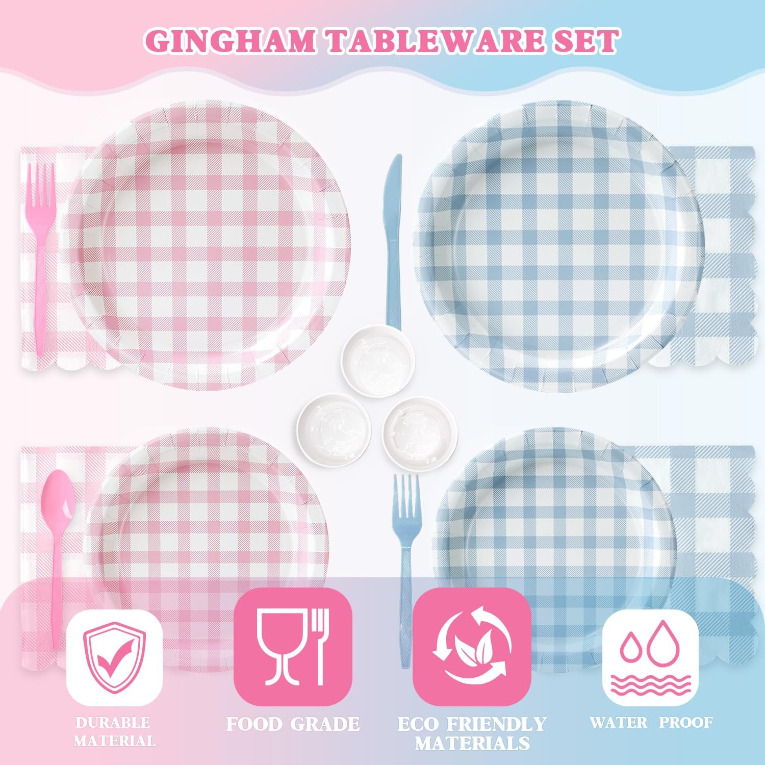 350 PCS Pink & Blue Gingham Paper Plates And Napkins Set For 50 9 Inch Dinner