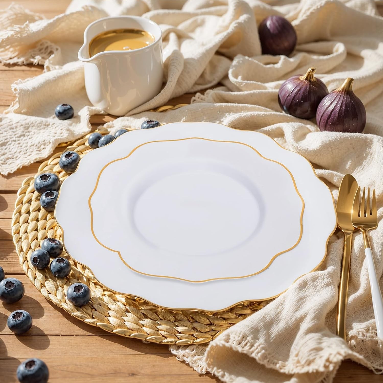 180PCS White and Gold Plastic Plates Disposable – White with