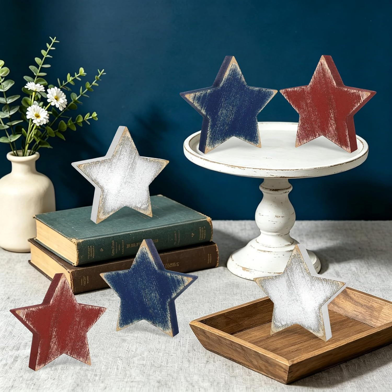 4Th of July Decorations Wooden Star Set of 6, Red White and Blue Decorations, Vi