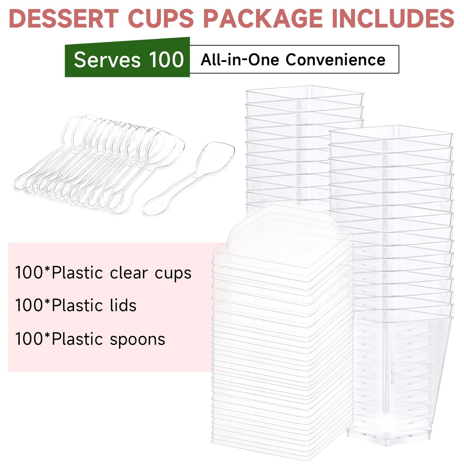 300 PCS 5.4 oz Clear Square Mini Dessert Cups Lids Spoons Small Plastic Bowl