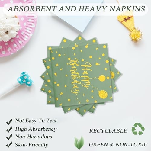 72PCS Happy Birthday Paper Plates – and Gold Tableware Set Include Sage Green
