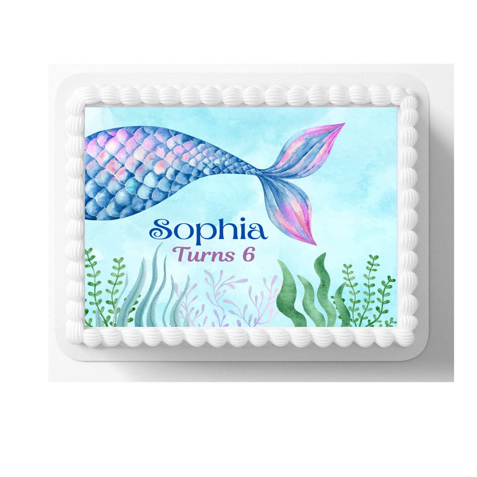 Mermaid Edible Topper Personalized With Name And Age , Frosting Paper, 8”x10”