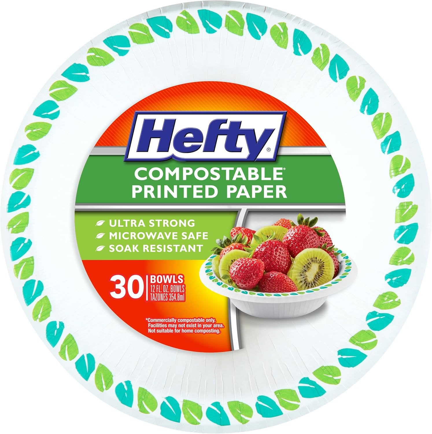 Compostable Paper Bowls, 12 oz, 30 Count, Patterned Disposable Bowls for BBQs,