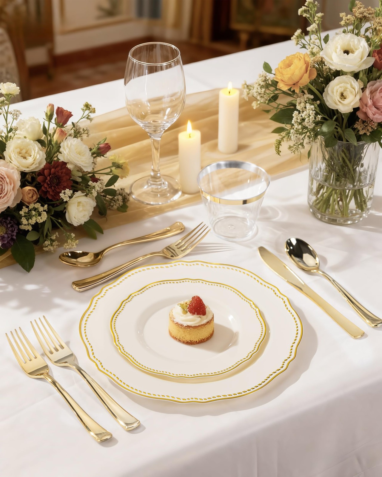 60PCS Ivory Plastic Plates Ivory and Gold Disposable Dinnerware with Gold Ri…