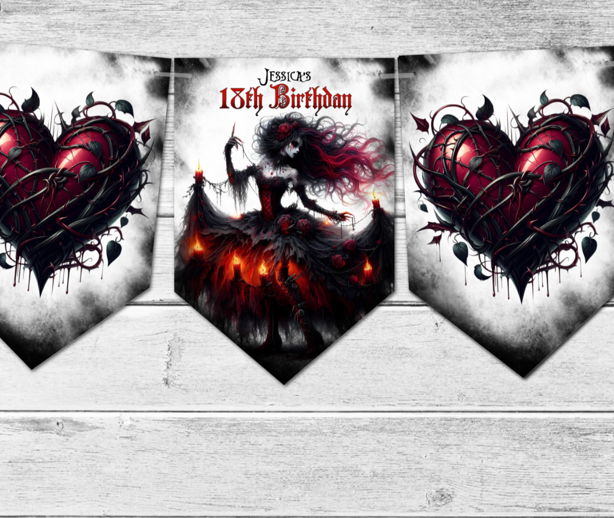 Personalised Gothic Demon Fairy Heart Birthday Bunting – Any Name and Age