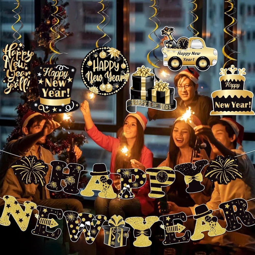 Happy New Year Banner 2026 with New Hanging Decorations Happy New Year