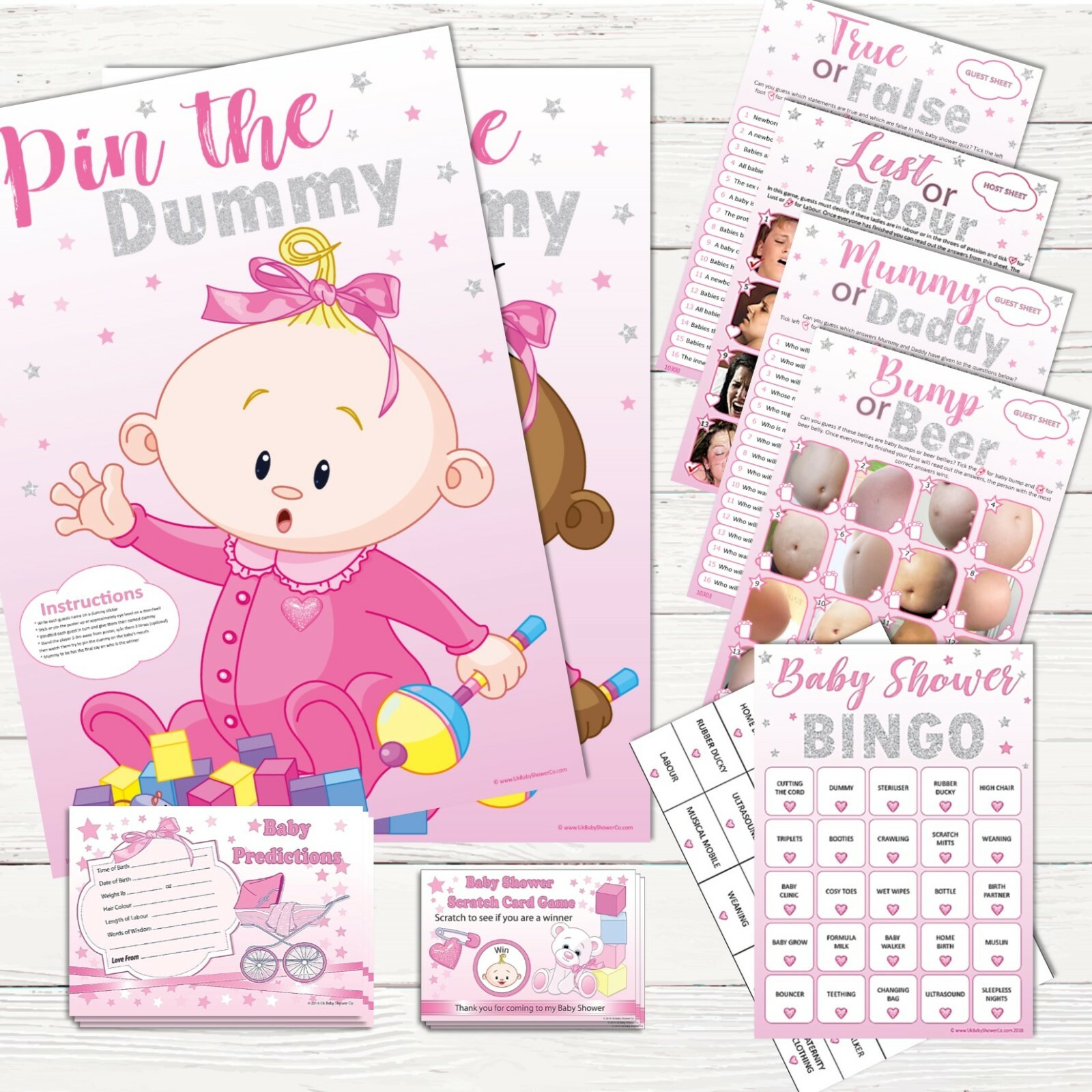 PINK STARS – Baby Shower Games, Bingo,Predictions,Pin the Dummy,Lust Labour Girl