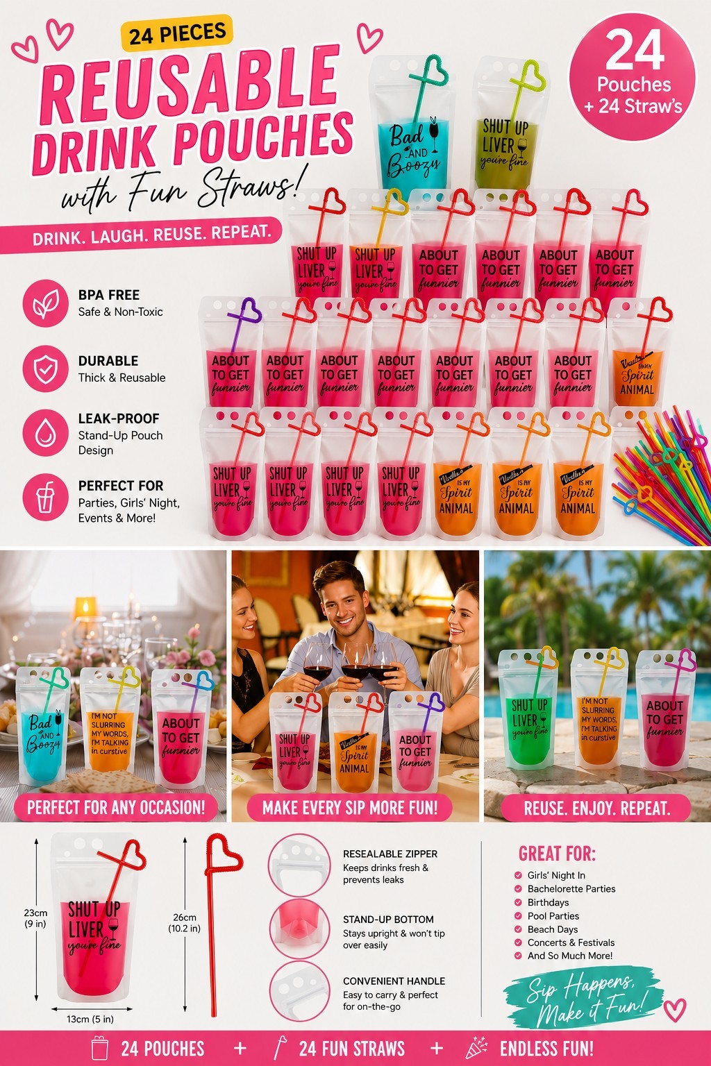 24 Reusable BPA-Free Drink Pouches + 24 Straws Leak-Proof Resealable Party