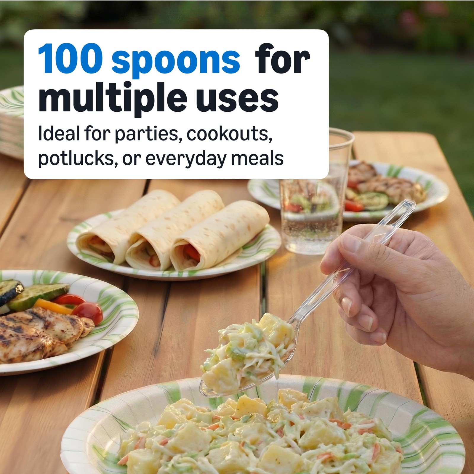 Amazon Basics Disposable Clear Plastic Spoons Premium Quality 100 Count Large