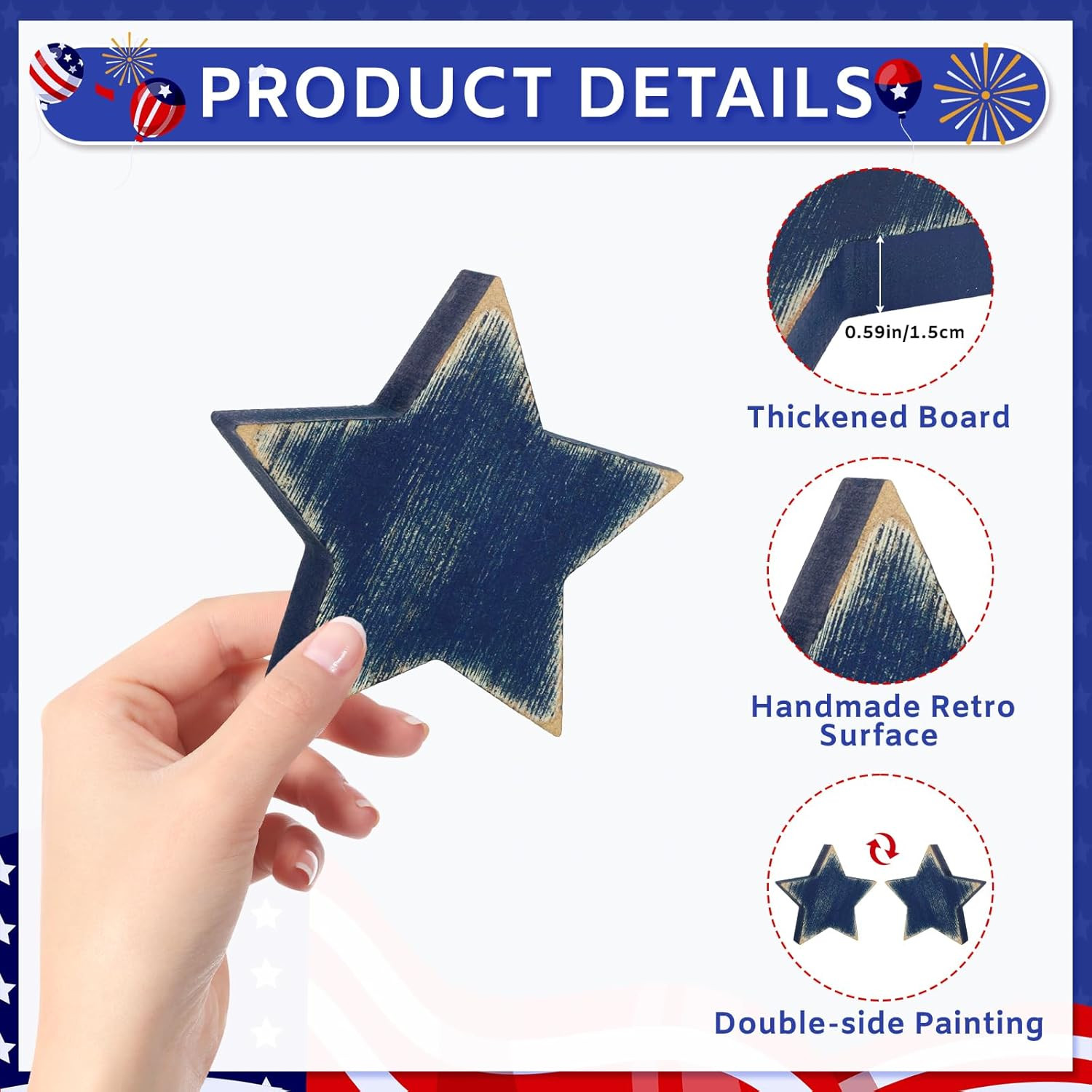 4Th of July Decorations Wooden Star Set of 6, Red White and Blue Decorations, Vi