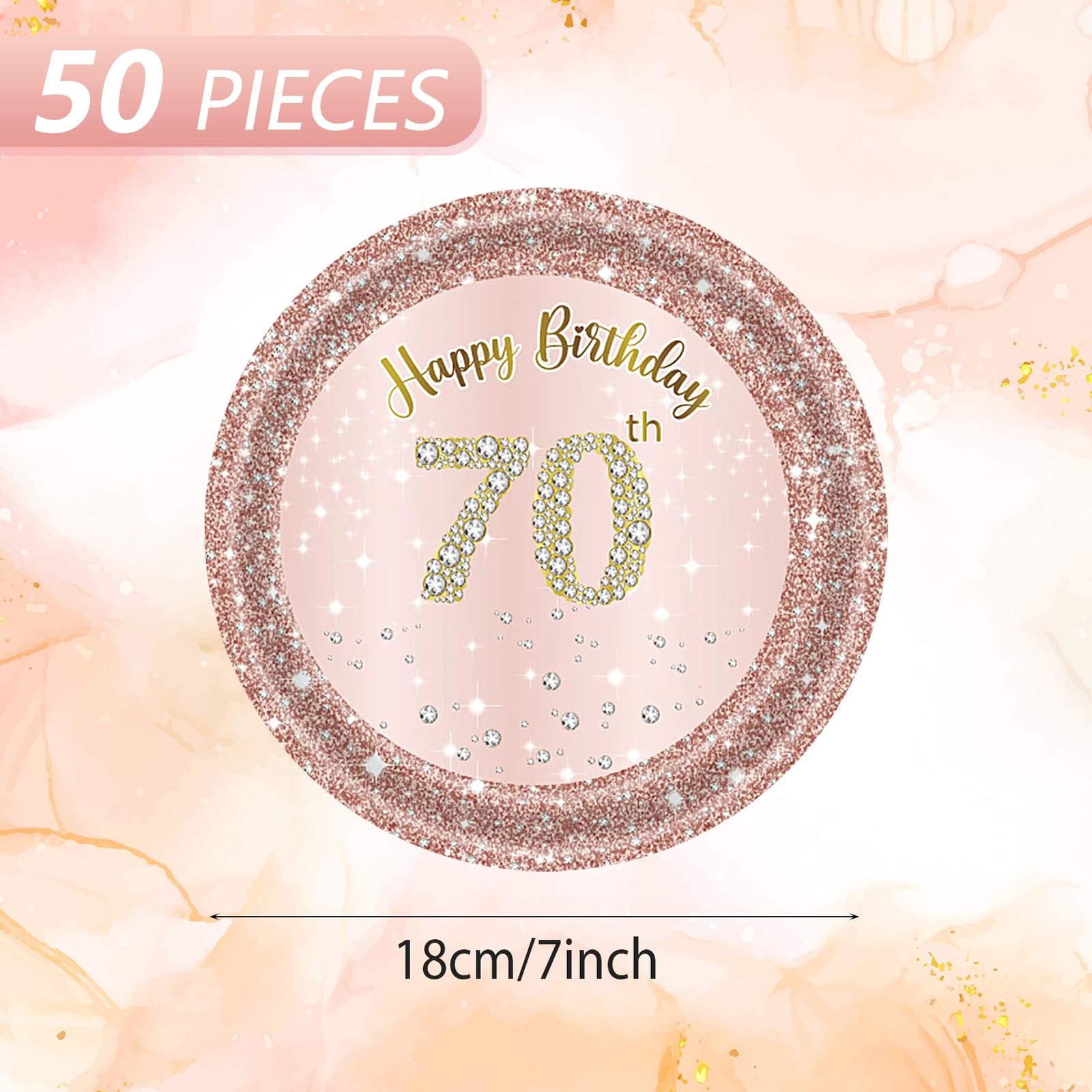 50 PCS 7 Inch 70th Birthday Paper Plates Rose Gold 70 Years Party Tableware