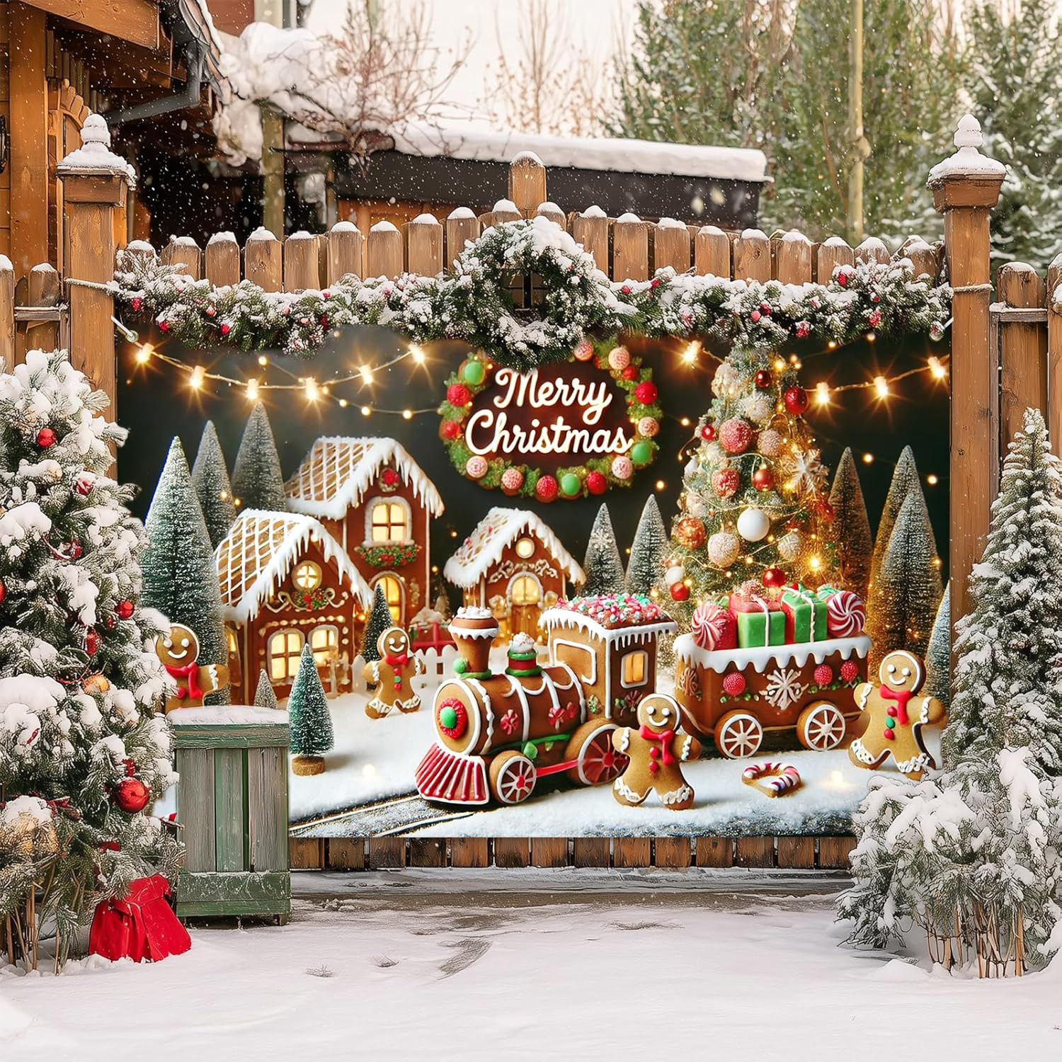 Merry Christmas Gingerbread House Train Banner 71X43 Inch Gingerbread Men Backdr