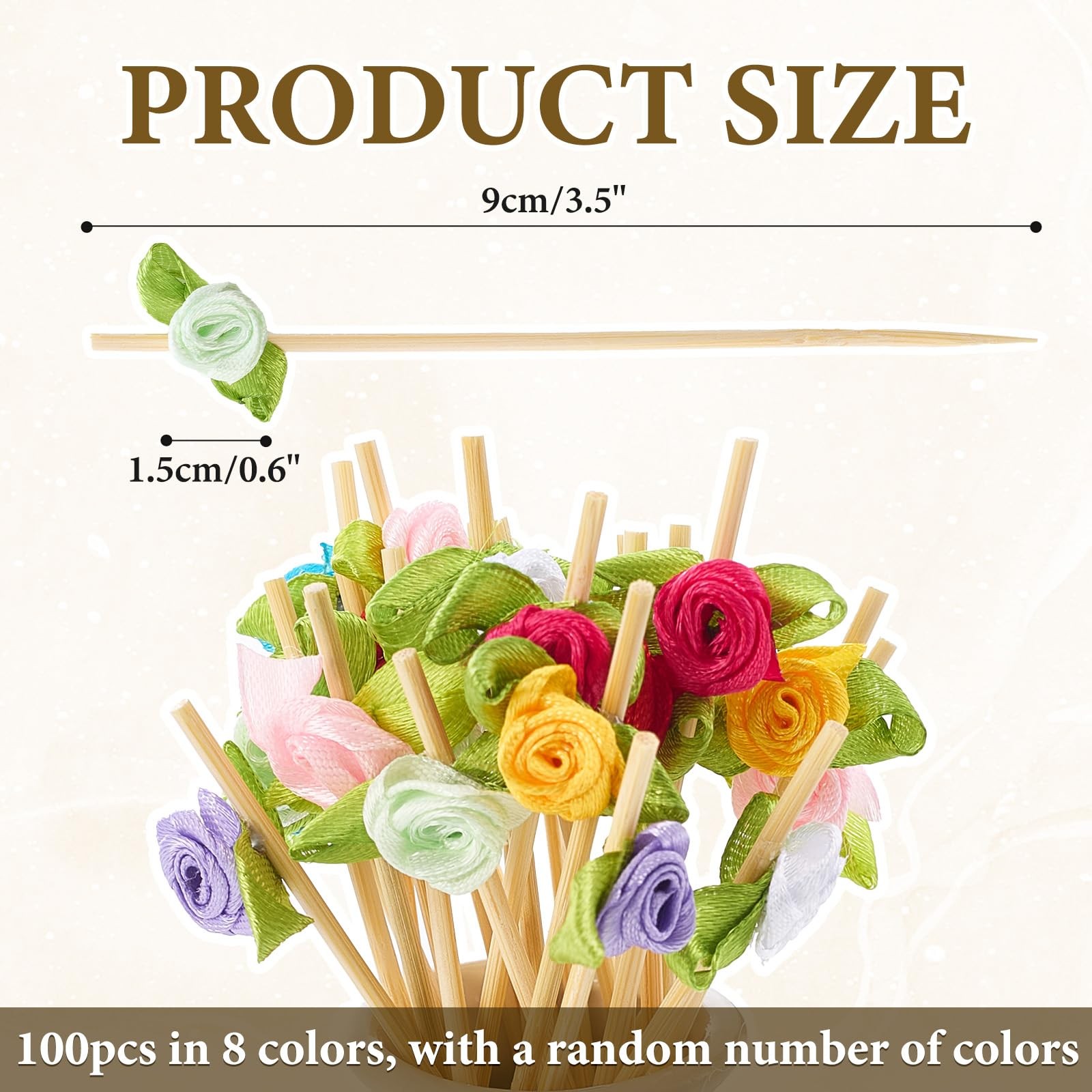100 Counts Rose Flower Cocktail Picks 4.7 Inch Multicolor Cute Bamboo Toothpi…