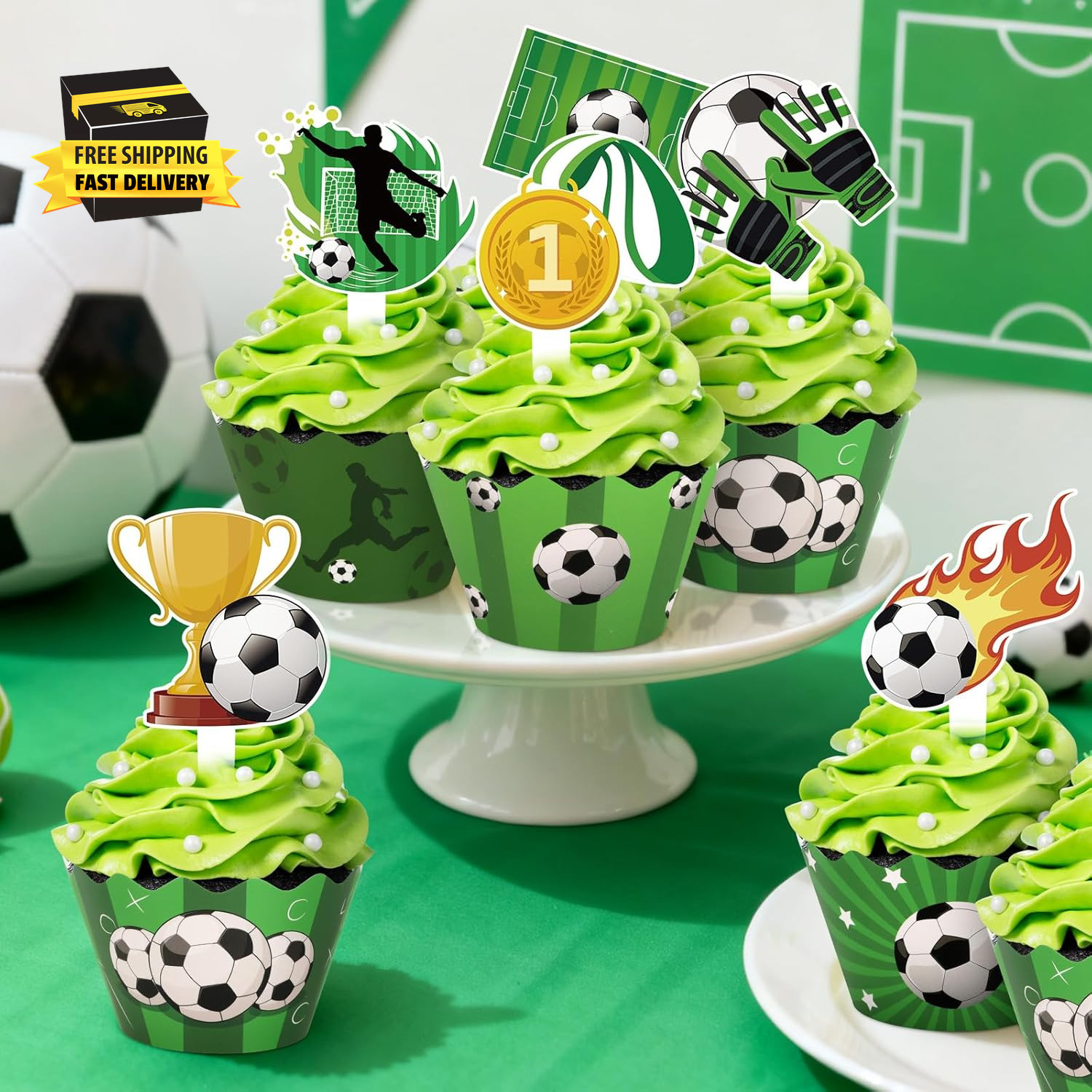 48 Pack Soccer Cupcake Toppers and Wrappers, Soccer Ball Party Cake Decoration f