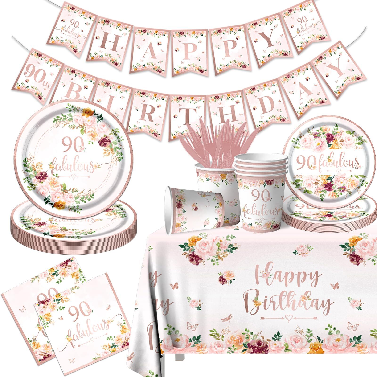 90th Birthday Party Supplies – Rose Gold Party Decorations 90th Birthday Tabl…