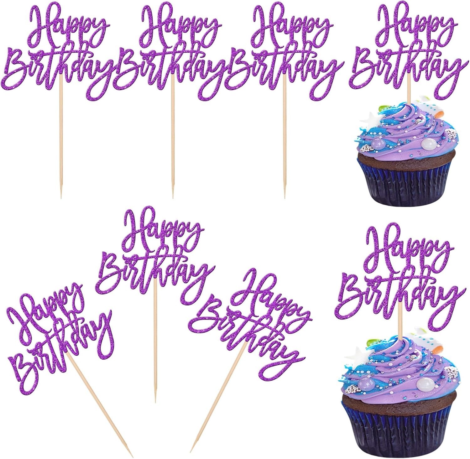 24 PCS Glitter Happy Birthday Cupcake Toppers – Purple Cupcake Picks for Cele…