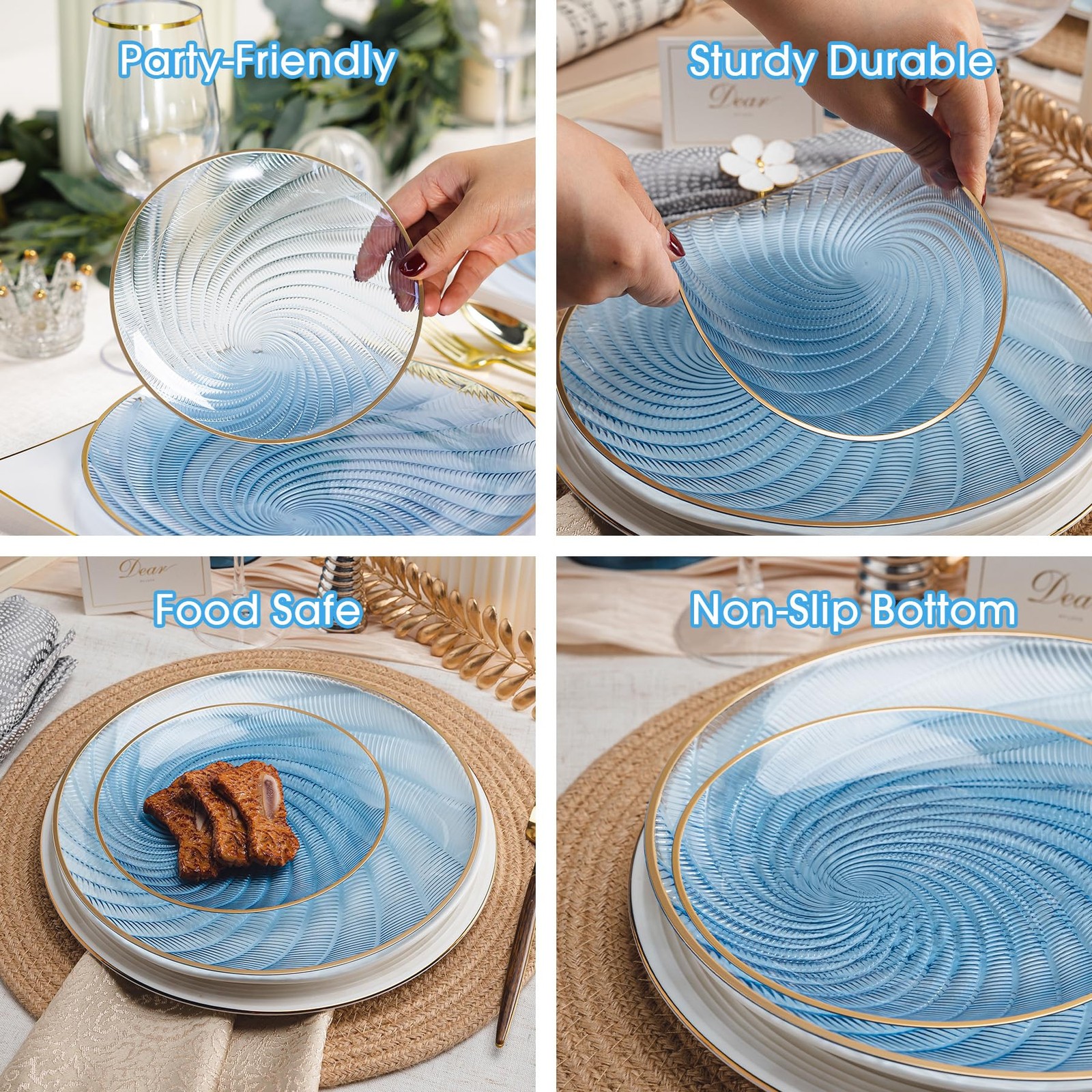 60PCS Blue Plastic Plates for Party, Heavy Duty Disposable Plate with Gold Ri…