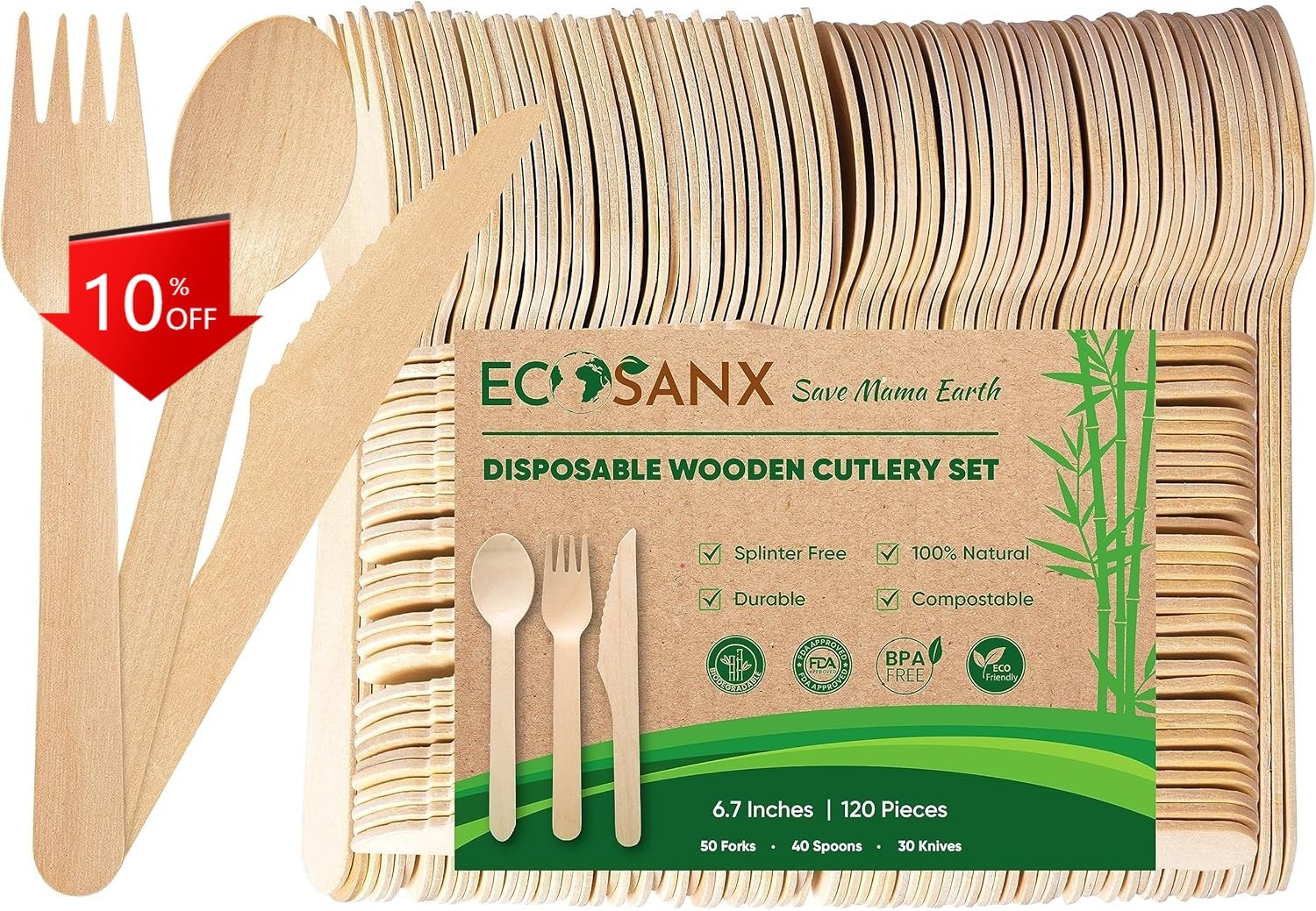 NEW,120-piece disposable wooden cutlery set, 6.5 inches, perfect for parties.
