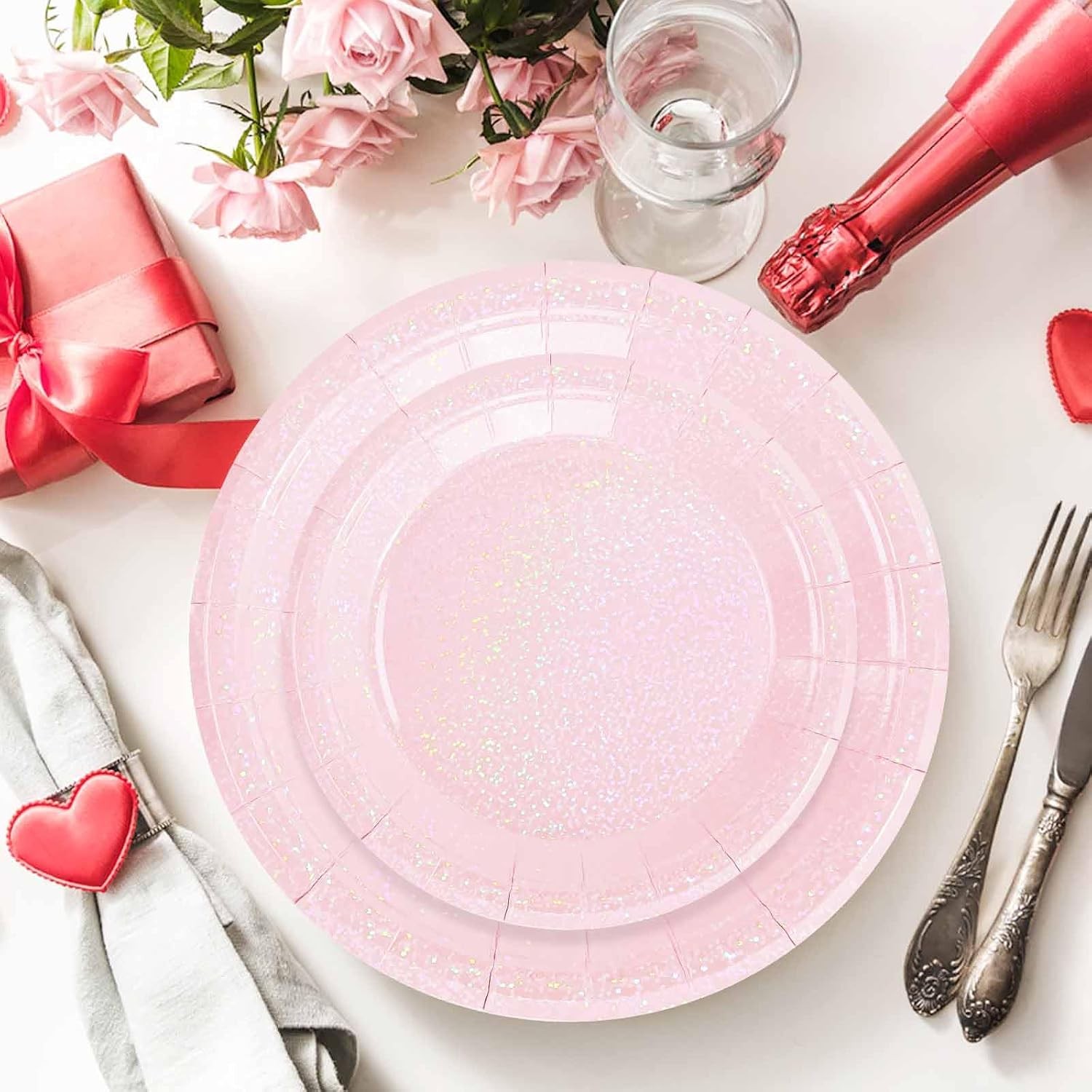 50 Pcs Iridescent Light Pink Paper Plates 25 × 7” and 25 × 9” Disposable Pink