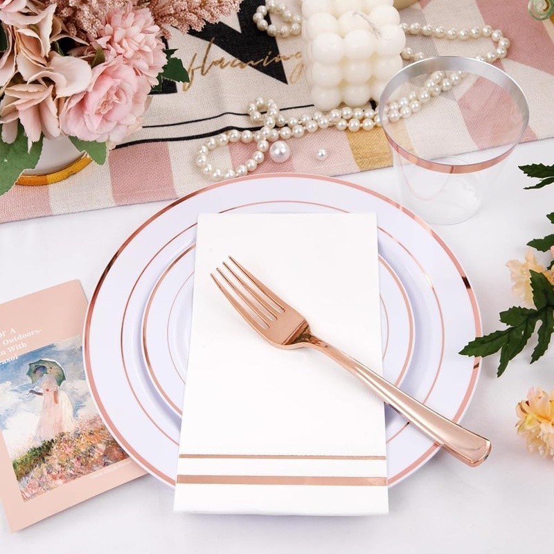 Rose Gold Disposable Plates Cups Cutlery Napkins Party Supplies Set 150pcs New