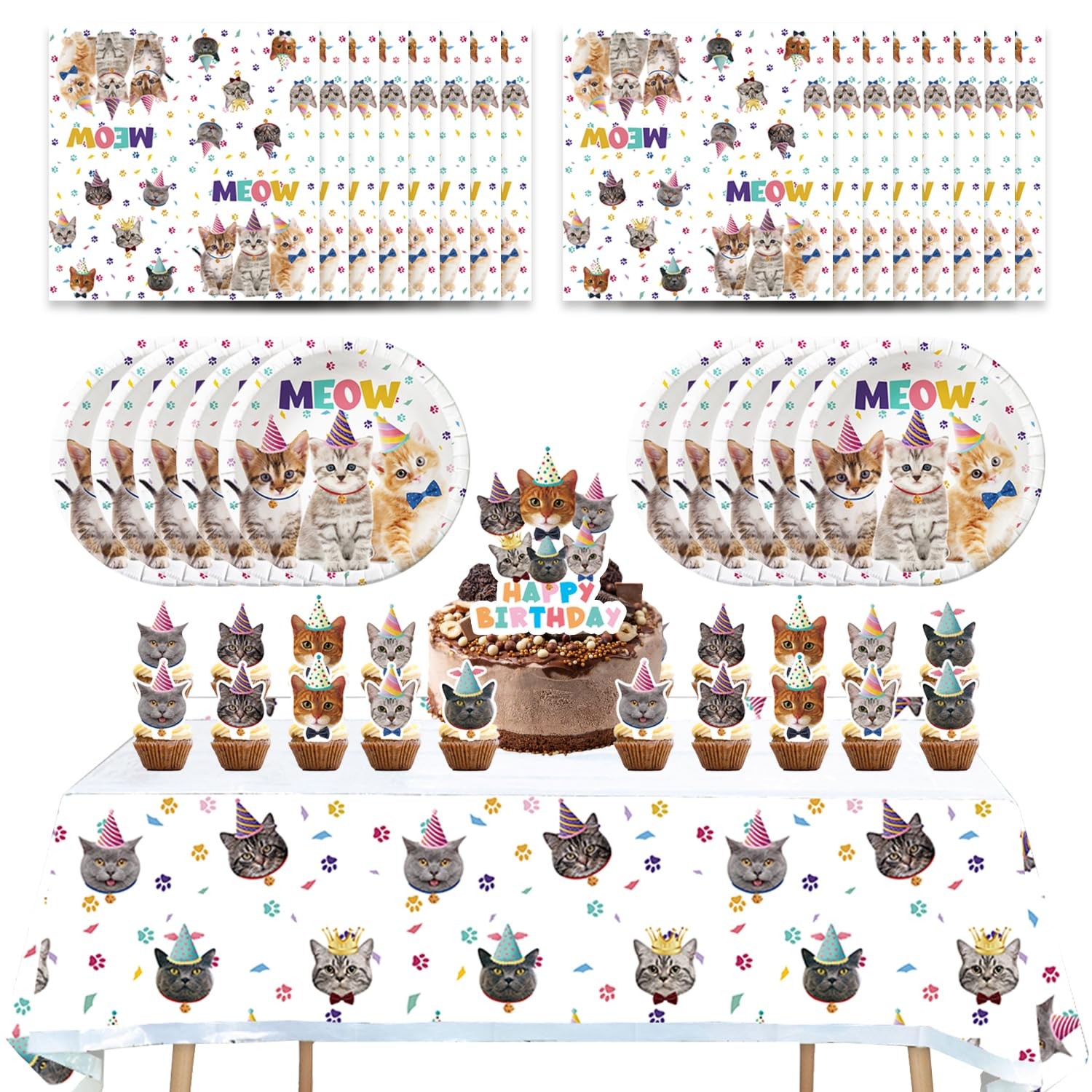 66 PCS Cat Birthday Party Decoration Plates Napkins Tablecloth Set 20 White