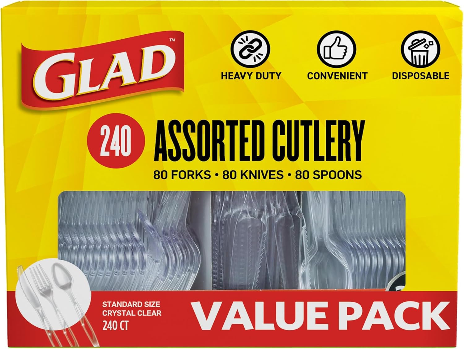Glad Clear Disposable Cutlery Set with Heavy Duty Plastic Forks, Knives, and Spo