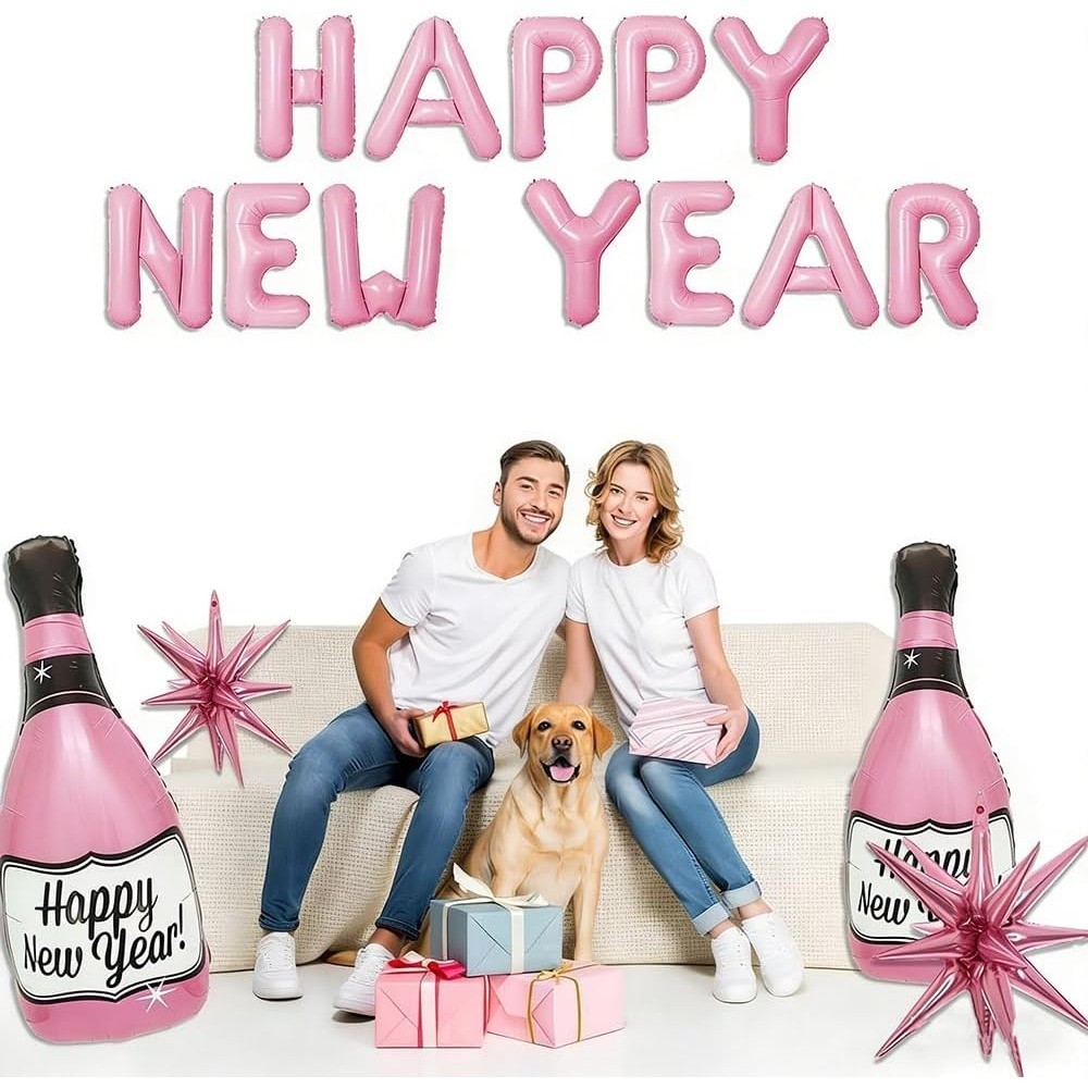 16 Pcs Pink New Year Champagne Bottle Balloons Happy New Year Banner Star NYE