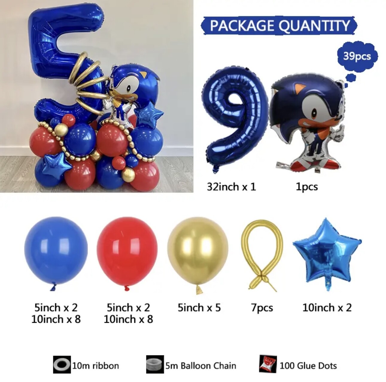 39pcs Sonic The Hedgehog Foil Number Balloons Birthday Decoration Boy Girl Sonic