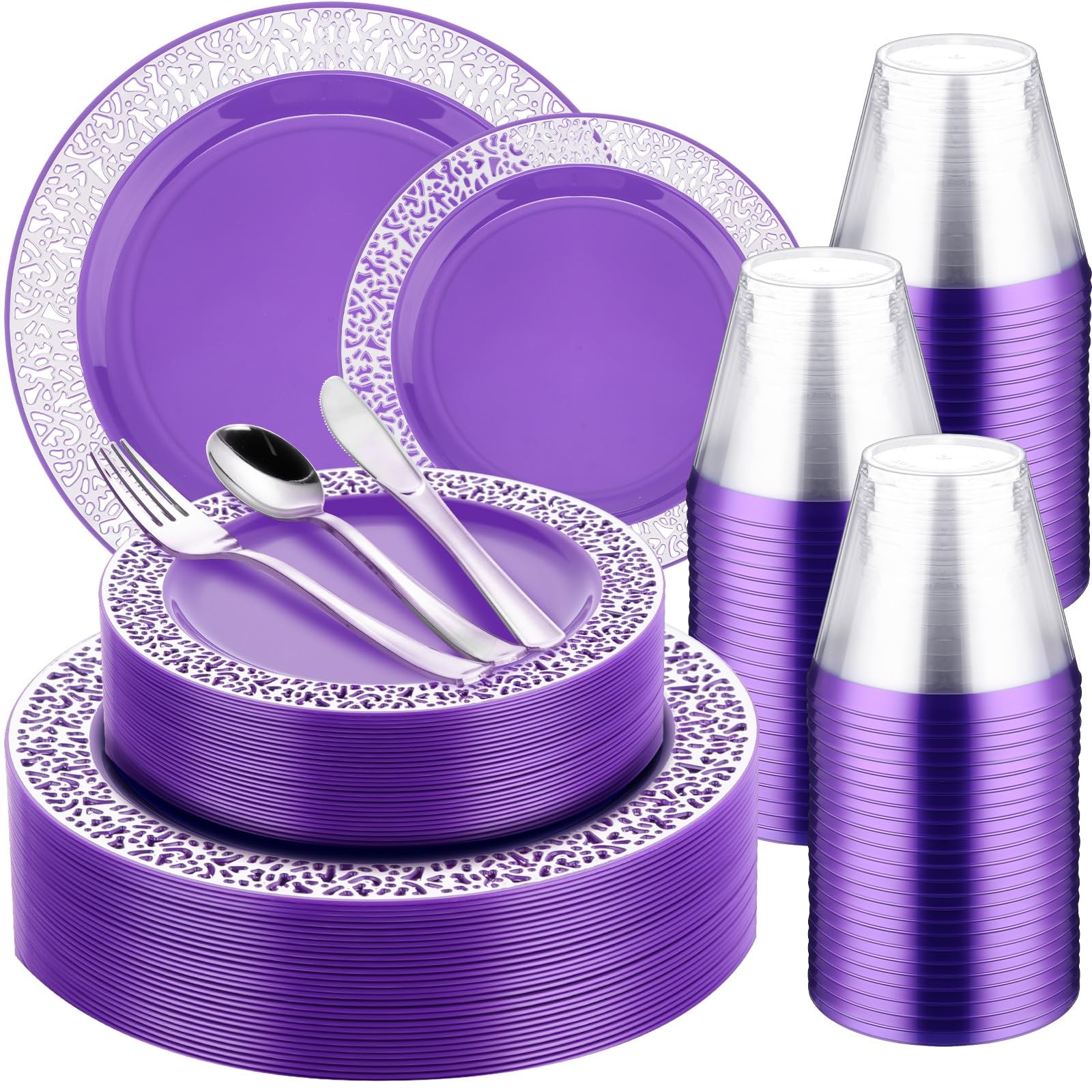 Norme 450 Pcs Purple Silver Plastic Party Plates Sets Include 75 Dinner Pate …