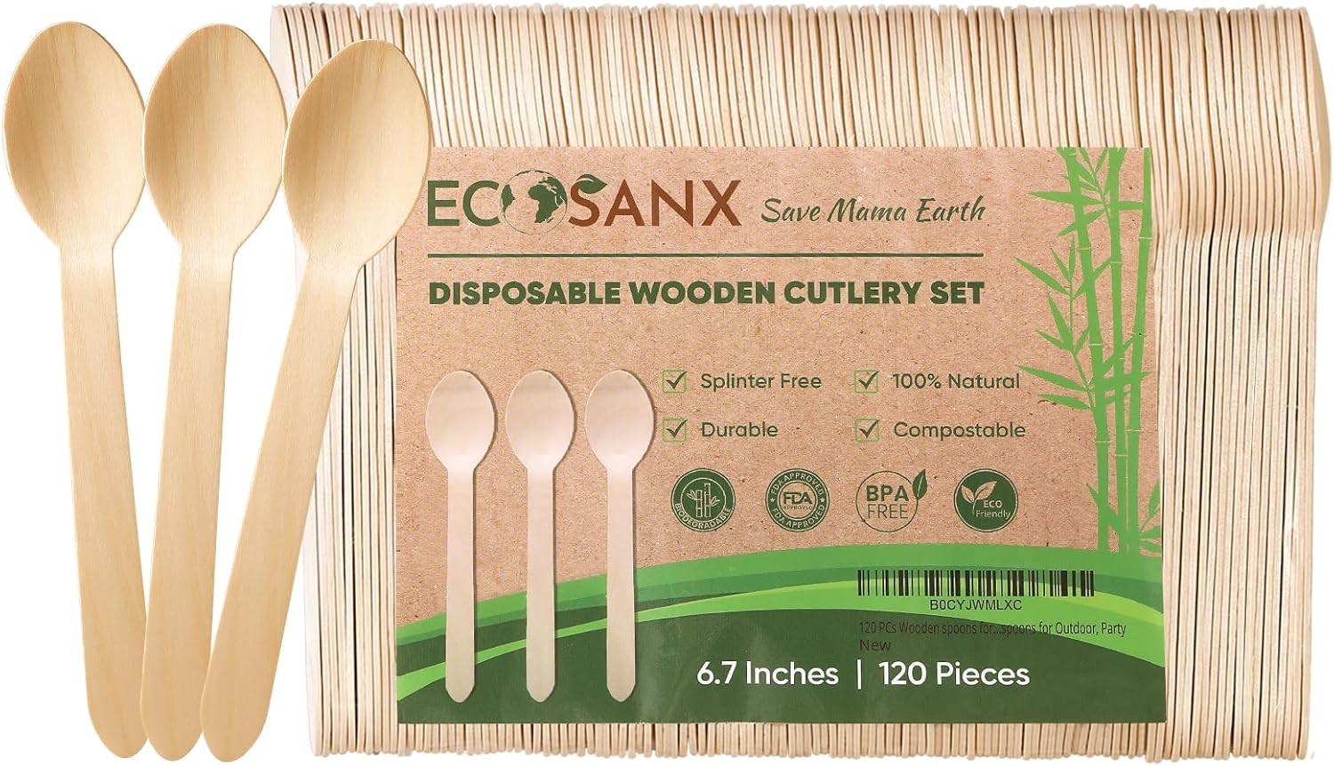 120-piece disposable wooden cutlery set, 6.5 inches, perfect for parties.