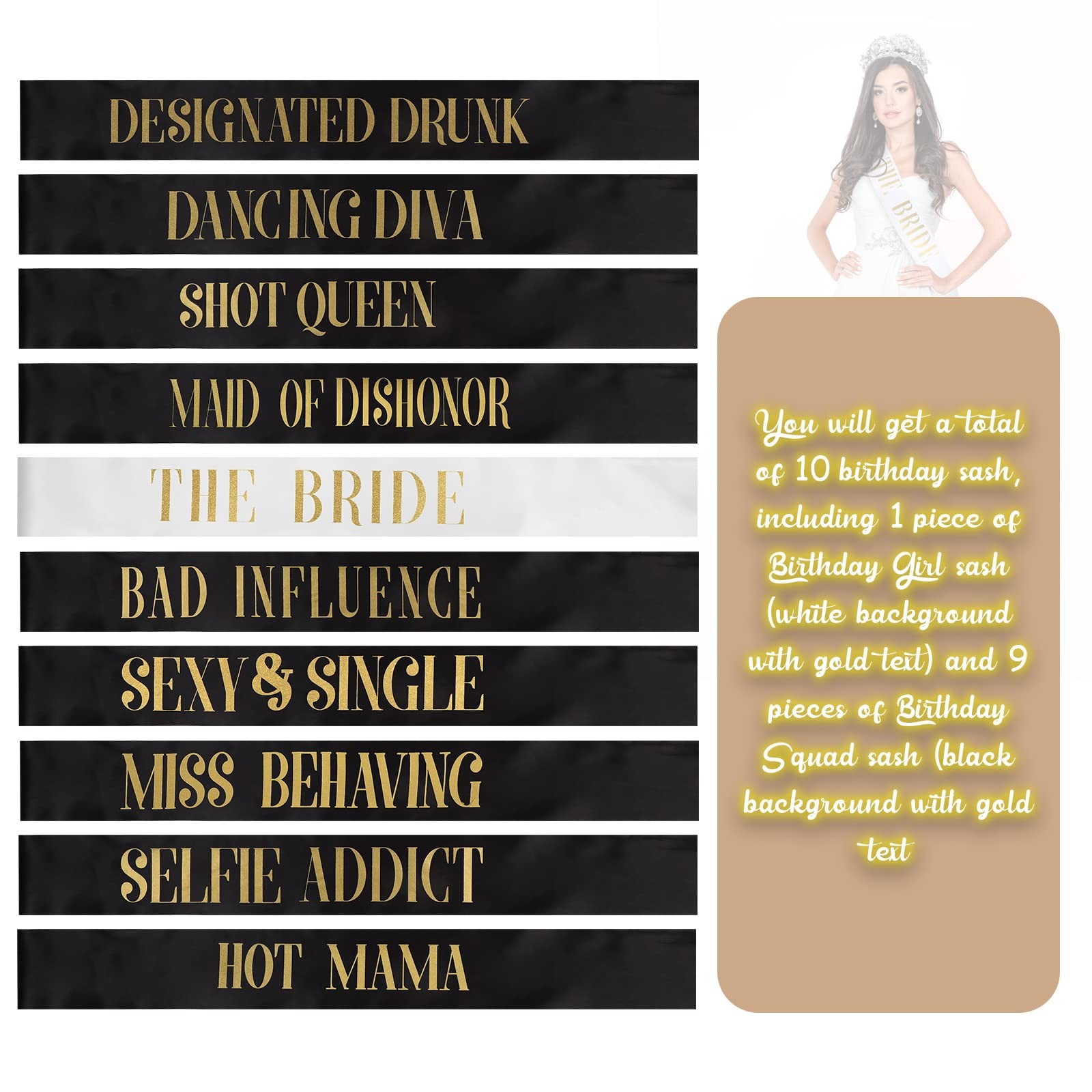 10 Pack Bride and Bridesmaid Sash Set Wedding Bachelorette Funny Team Gifts S…