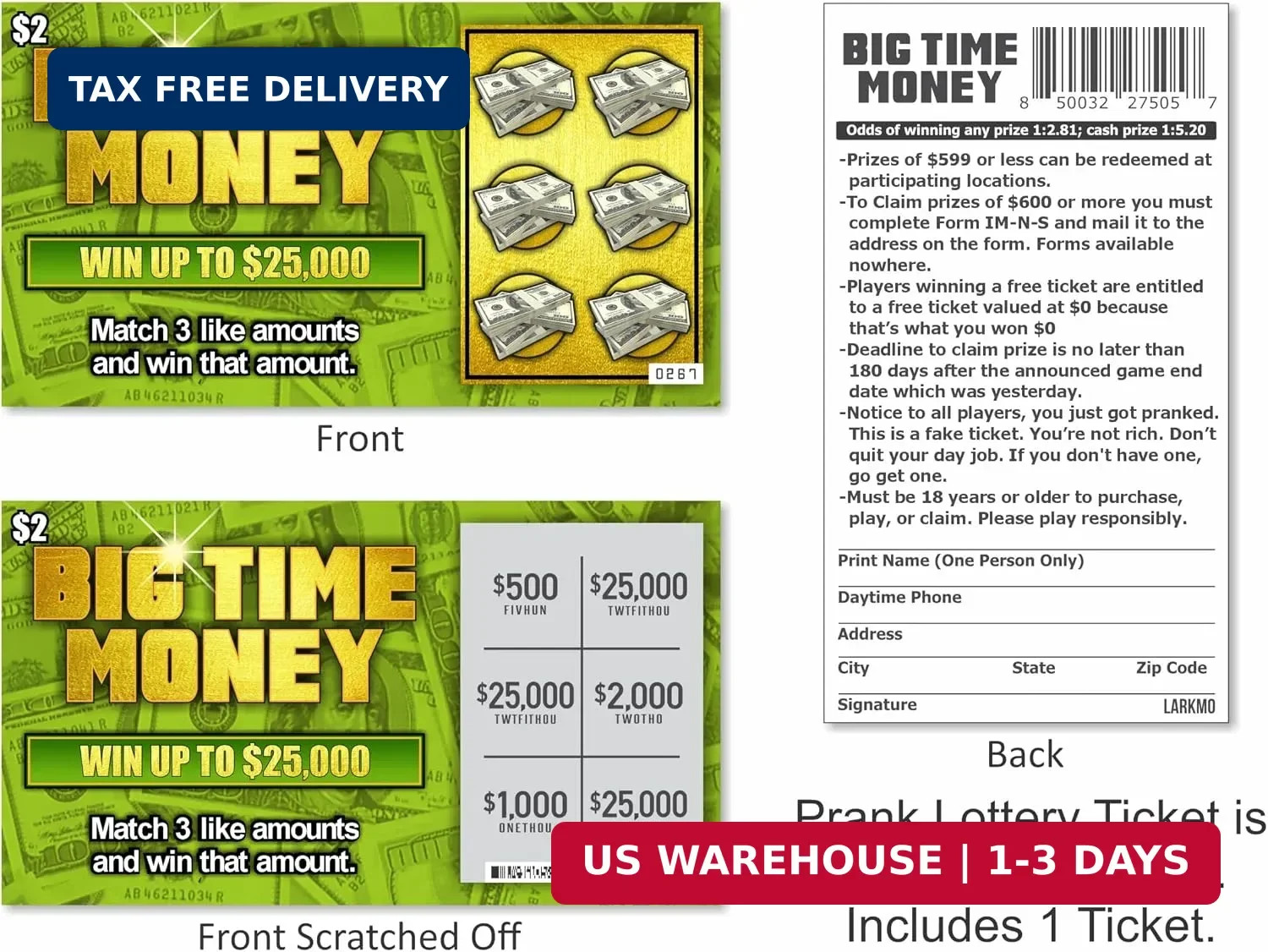 Larkmo Prank Gag Practical Joke Kit Bundle – Fake Lottery Tickets, Parking Viola