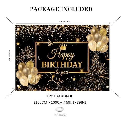 Happy Birthday Backdrop Banner for Photo Booth, Large 59 x 39 Inches Black Gold