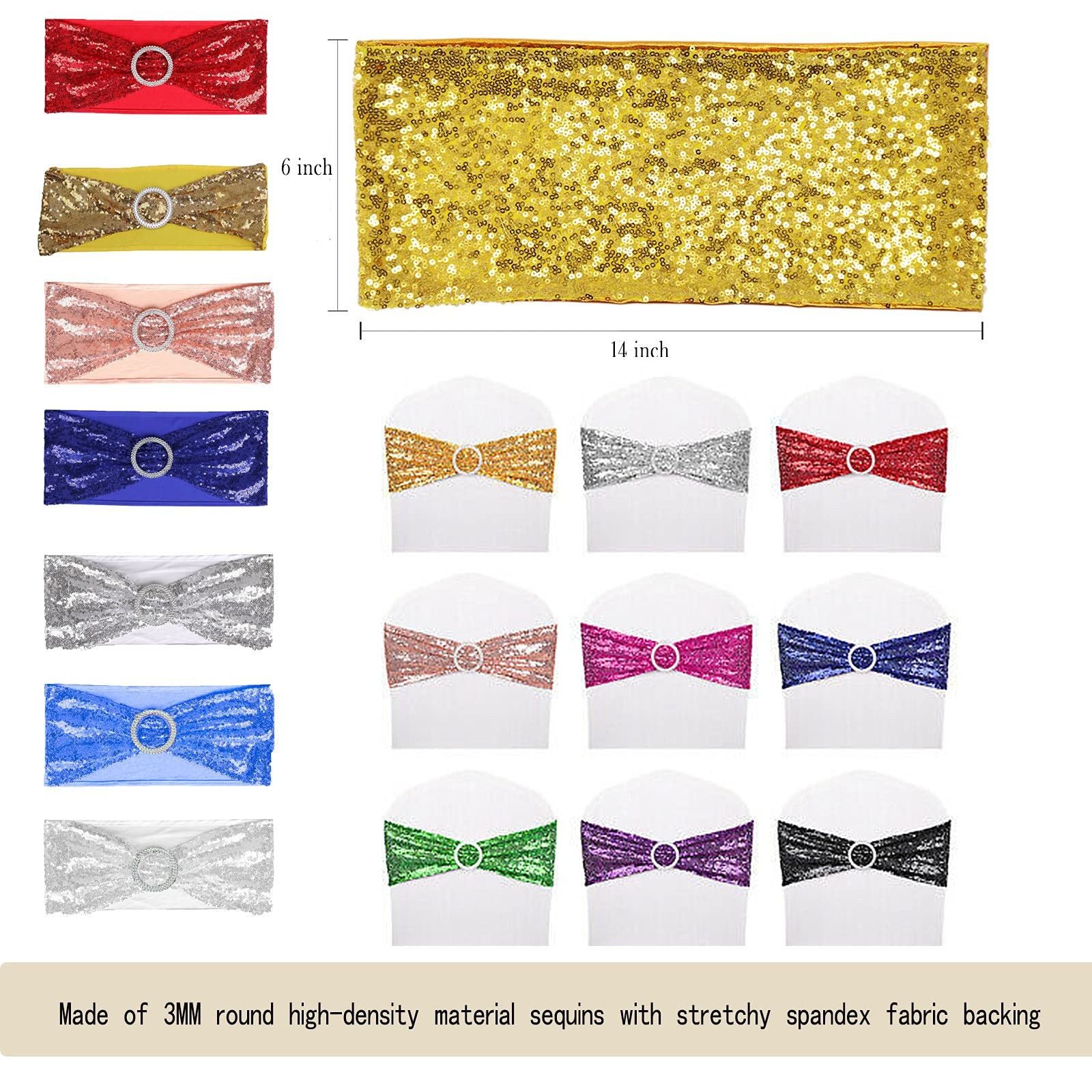 50 PCS Silver Stretch Sequin Chair Sashes Spandex Bands Wedding Event Decor