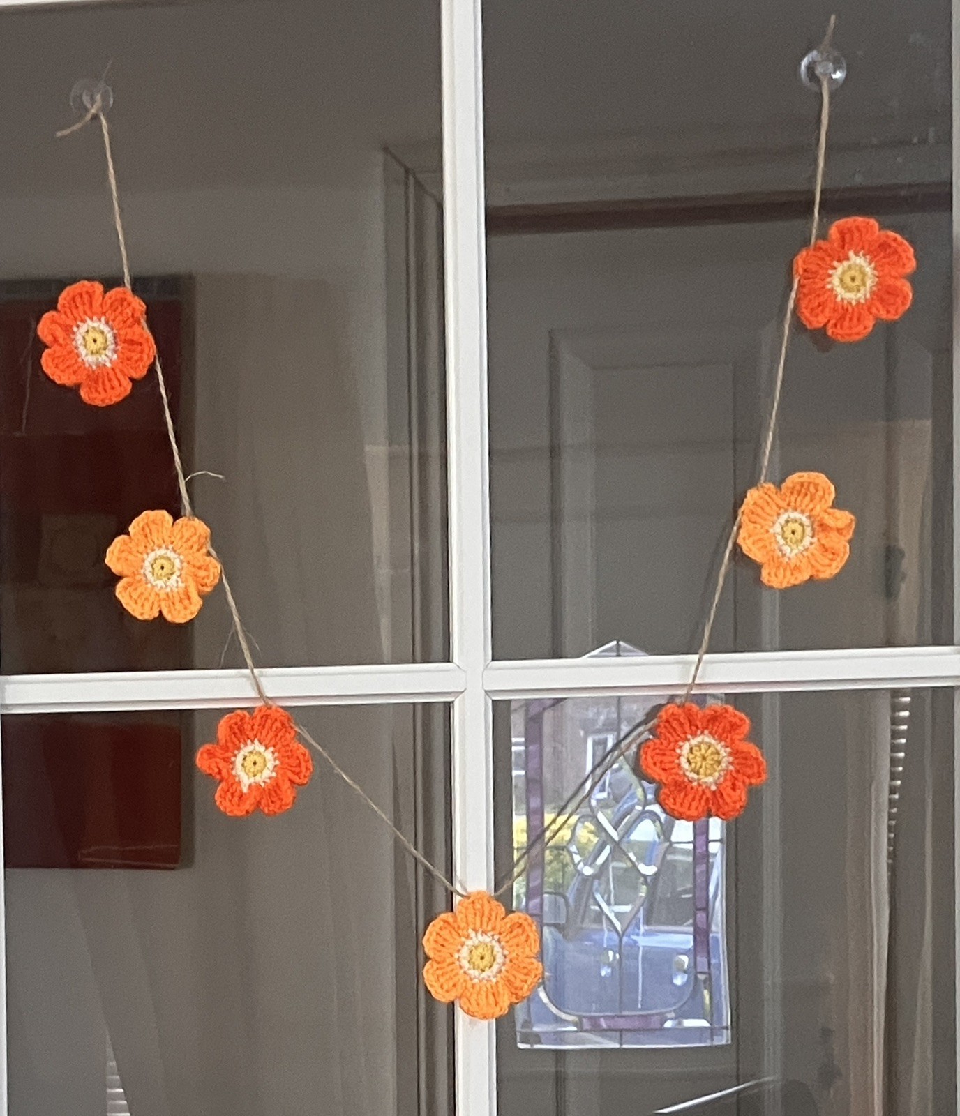🌸NEW Hand Crochet PRETTY jute 7 Flowers Bunting Window Camper Summer 35” Gift
