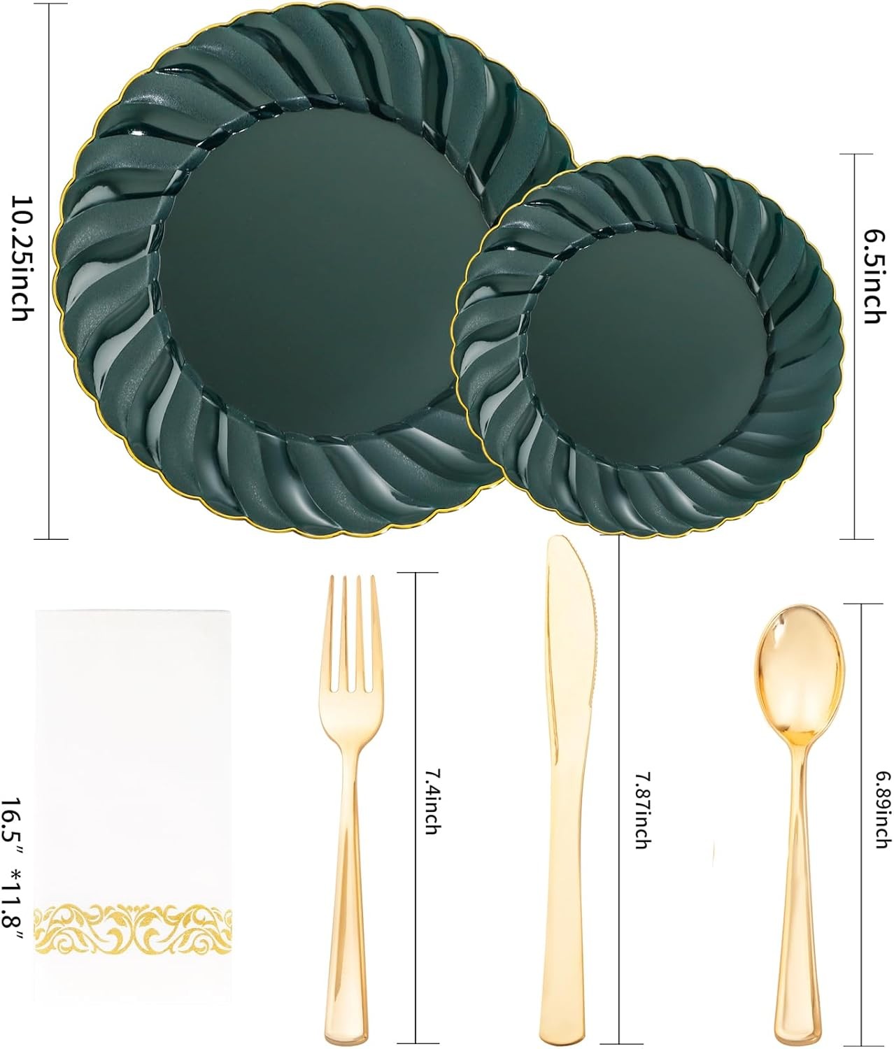 150PCS Emerald Green Plastic Plates – Green and Gold Disposable Dinnerware Inclu