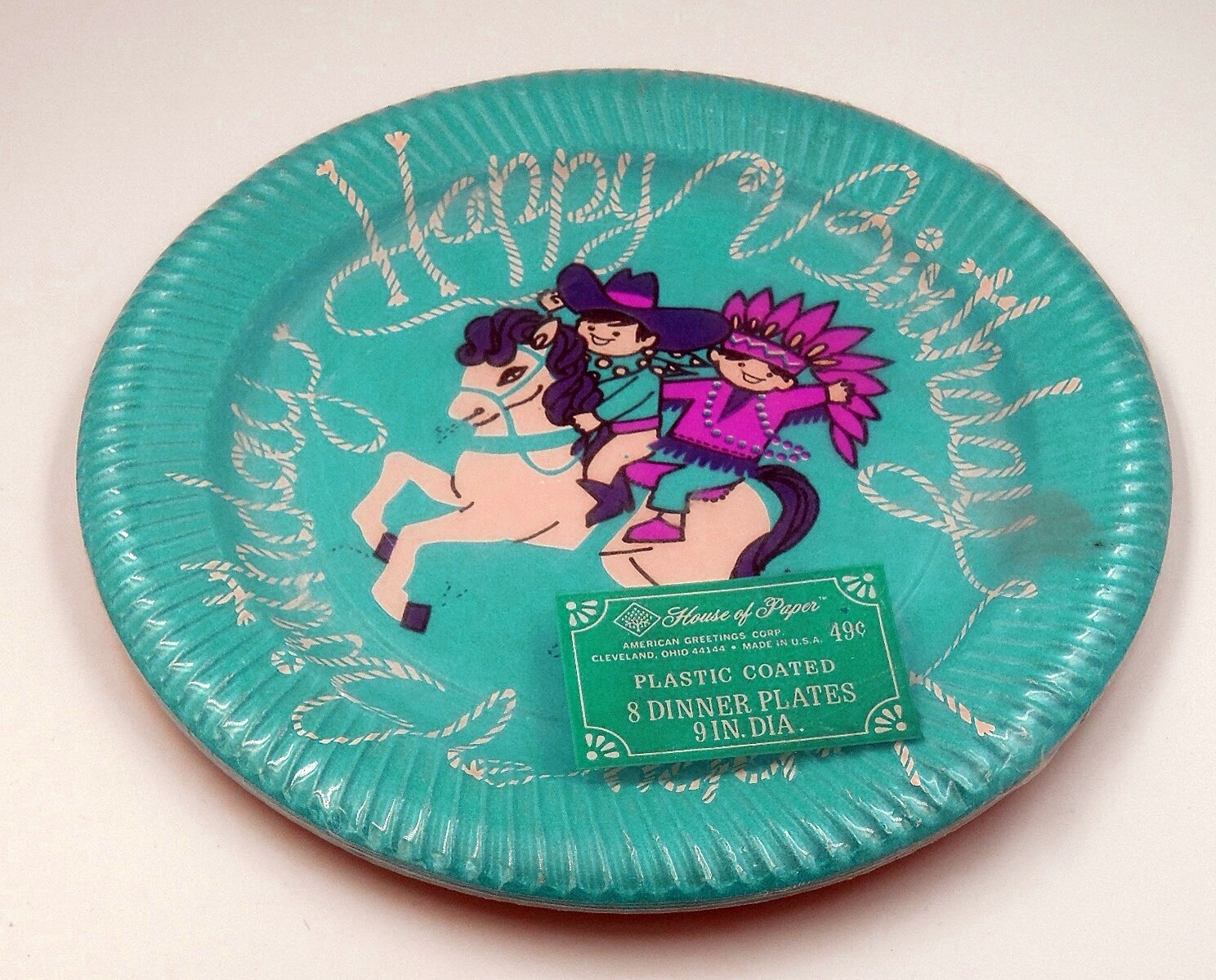 NEW 8 Vintage Birthday Plastic Coated Paper 9″ Plates ~ Horse, Cowboy & Indian