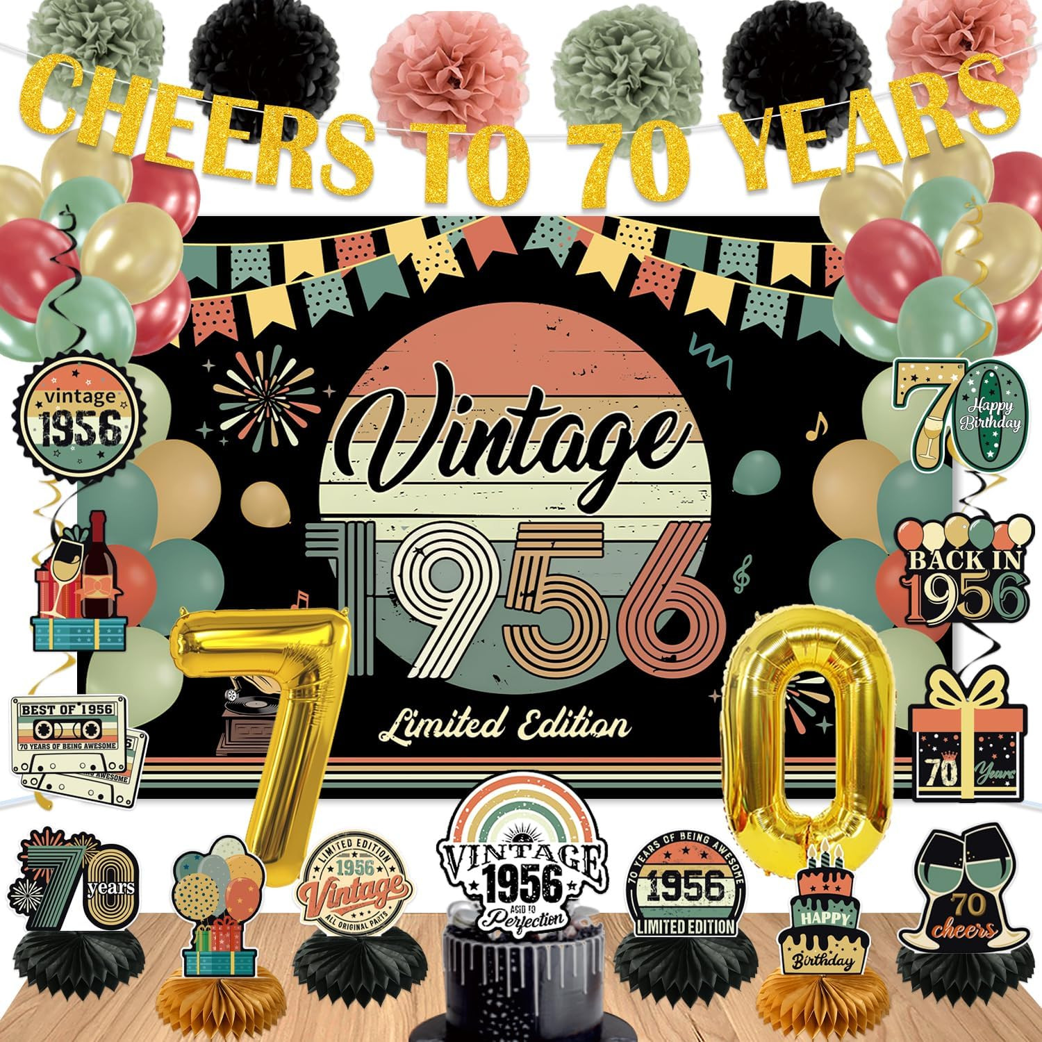 47Pcs 70Th Birthday Decorations for Men Women, PRE-STRUNG Vintage 1956 Banner Pa