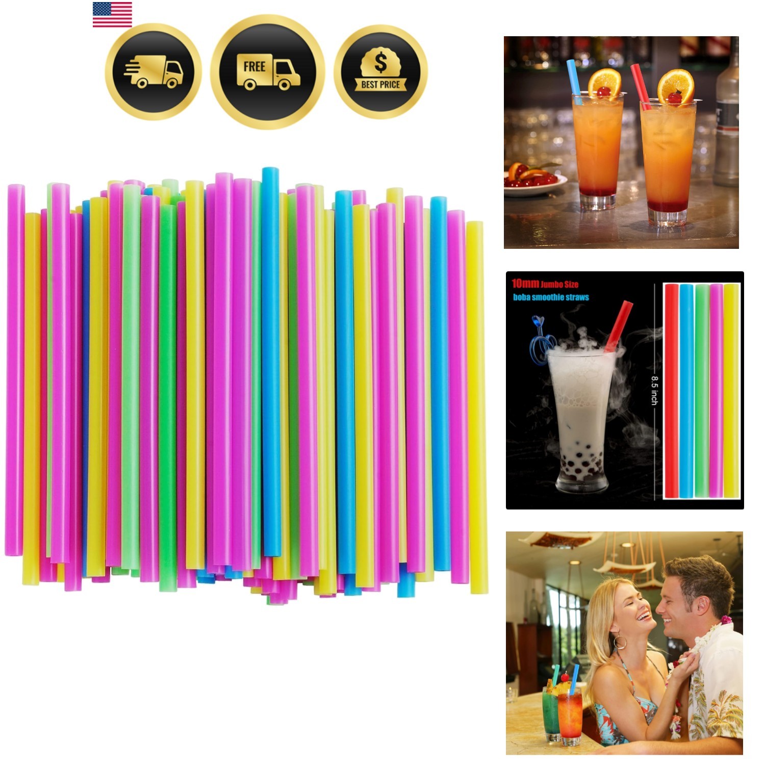 Assorted Bright Colors Jumbo Smoothie Straws, Wide Plastic Disposable Milksha…