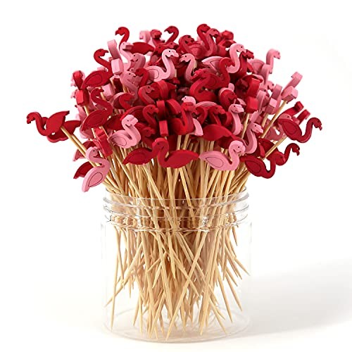 Bamboo Cocktail Picks 200 Pack – Toothpicks 4.7 Inch Cocktail Sticks Flamingo