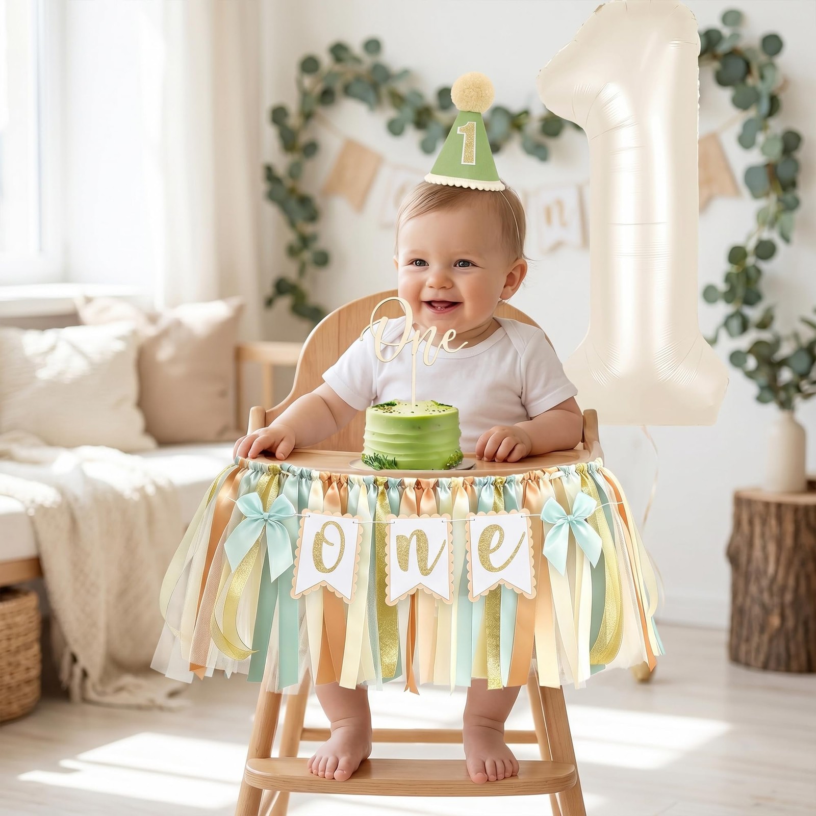 Sage Green First Birthday Decorations Gender Neutral Baby, 1st Birthday Highc…