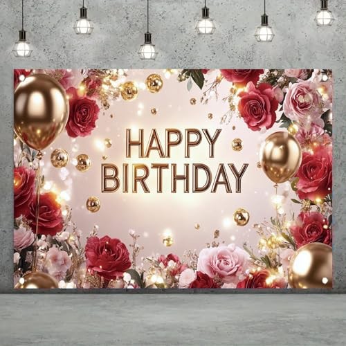 Red and Gold Happy Birthday Backdrop Banner Elegant Photography Rose Floral