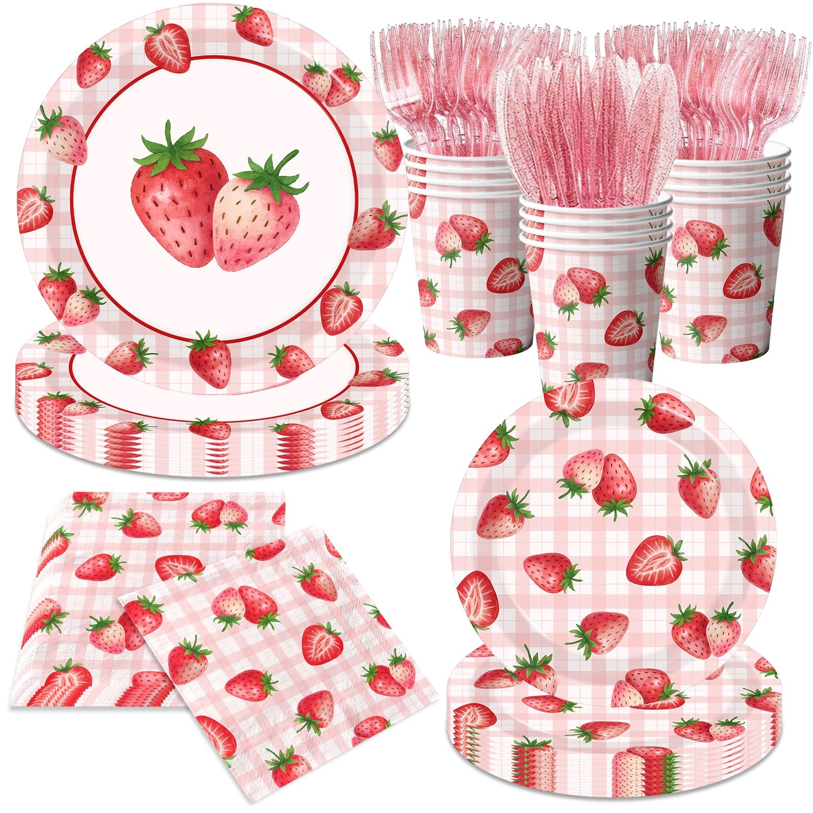 144 PCS Strawberry Birthday Party Decoration Supplies Girls Tableware Set