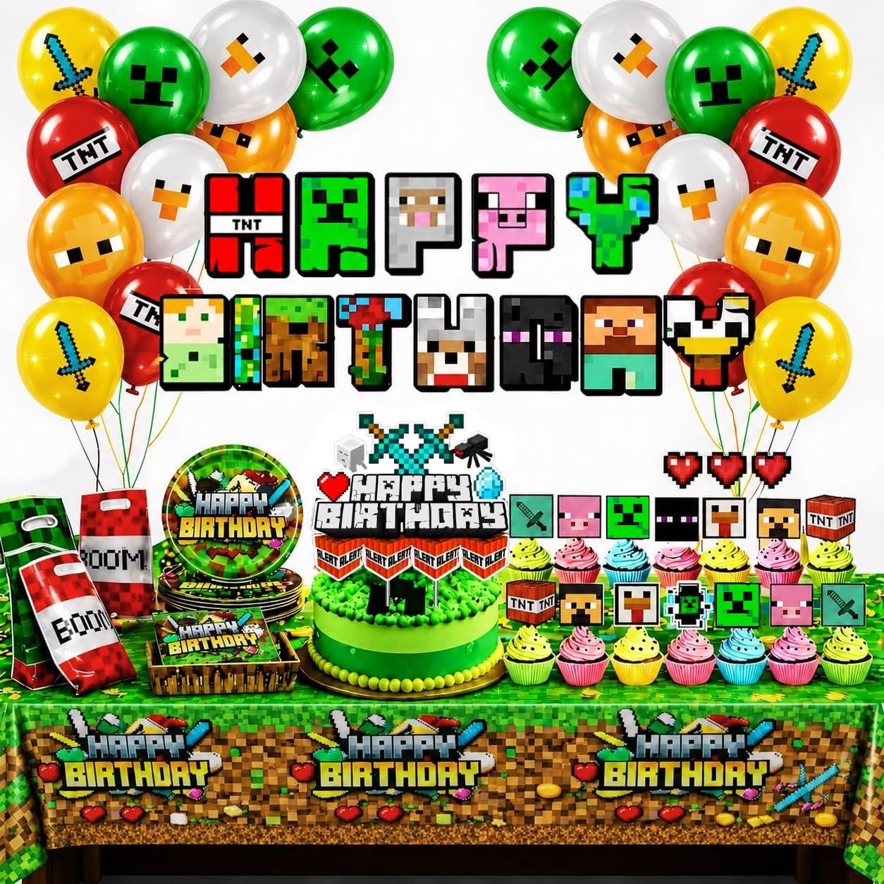 Pixel Birthday Party Decorations, Party Supplies Set Including Banner Tableware