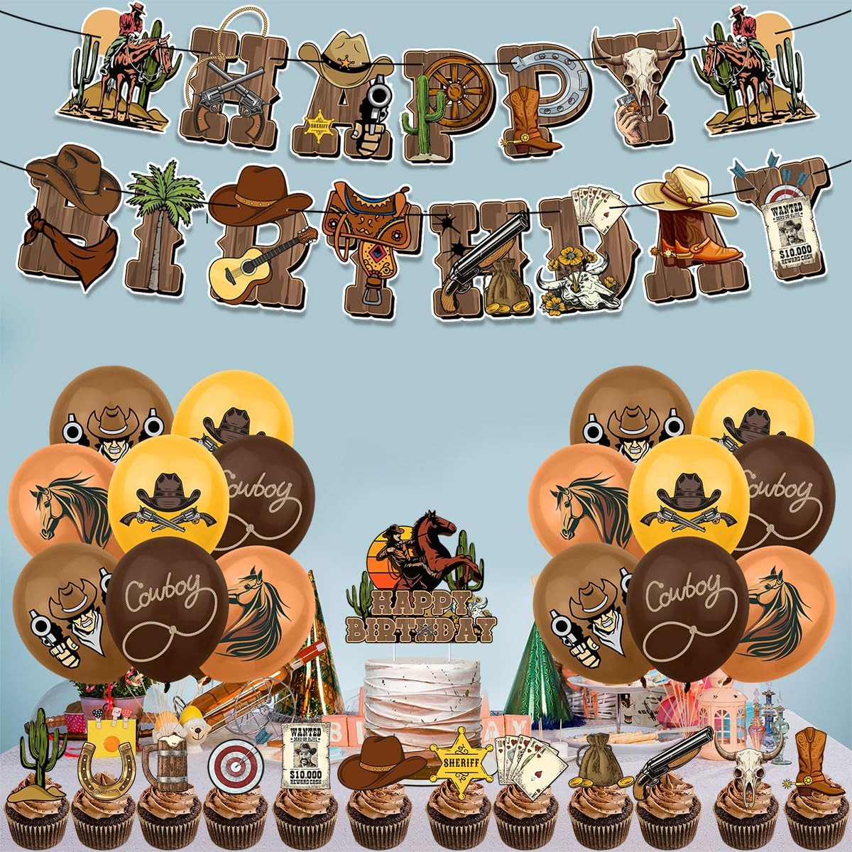 Western Cowboy Party Decorations, Cowboy Party Banner Balloon Cake Toppers